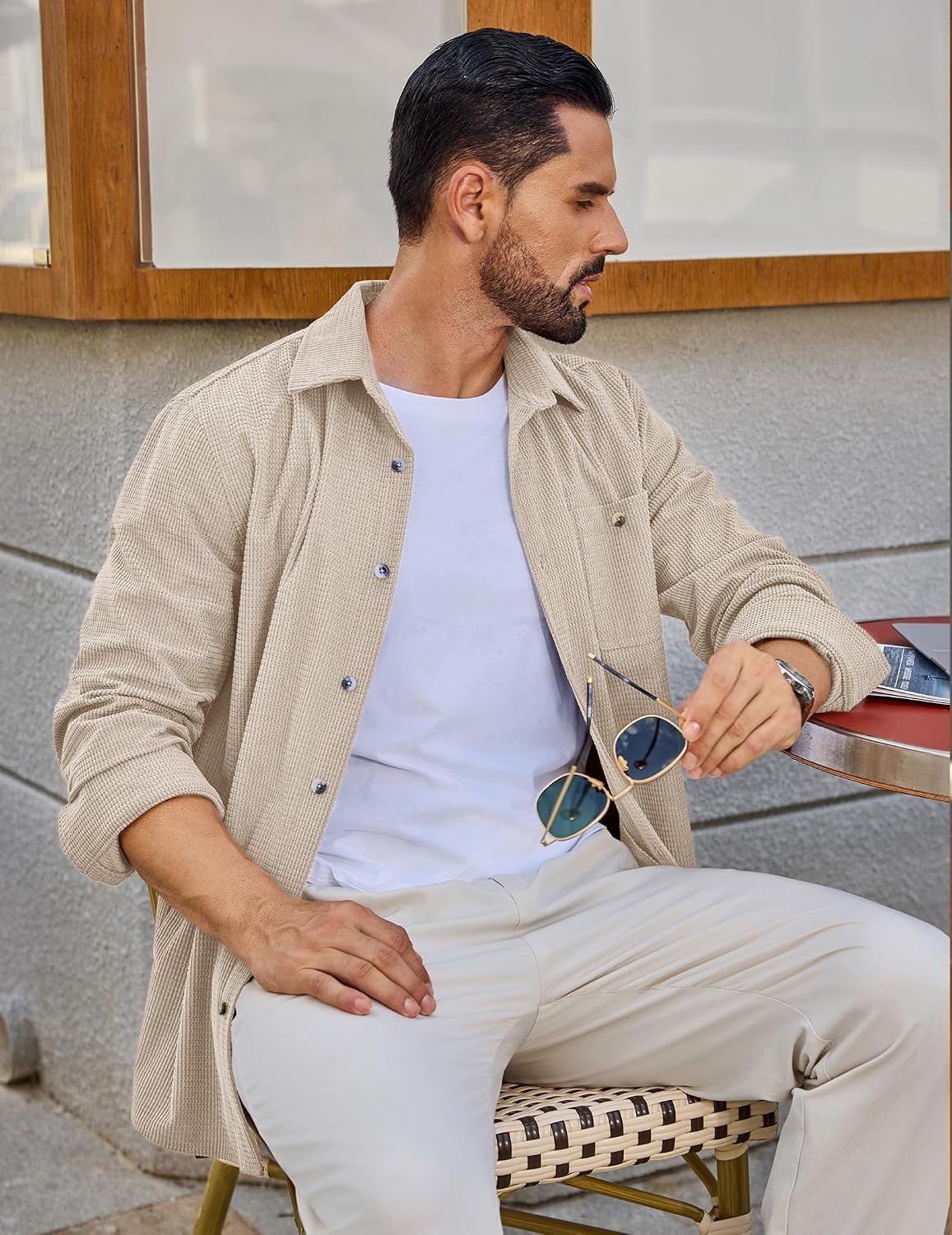 image:imageCOOFANDY Mens Waffle Button Down Shirt Casual Long Sleeve Corduroy ShirtsBeige