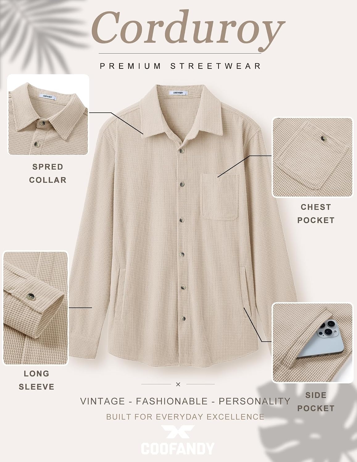 image:imageCOOFANDY Mens Waffle Button Down Shirt Casual Long Sleeve Corduroy ShirtsBeige