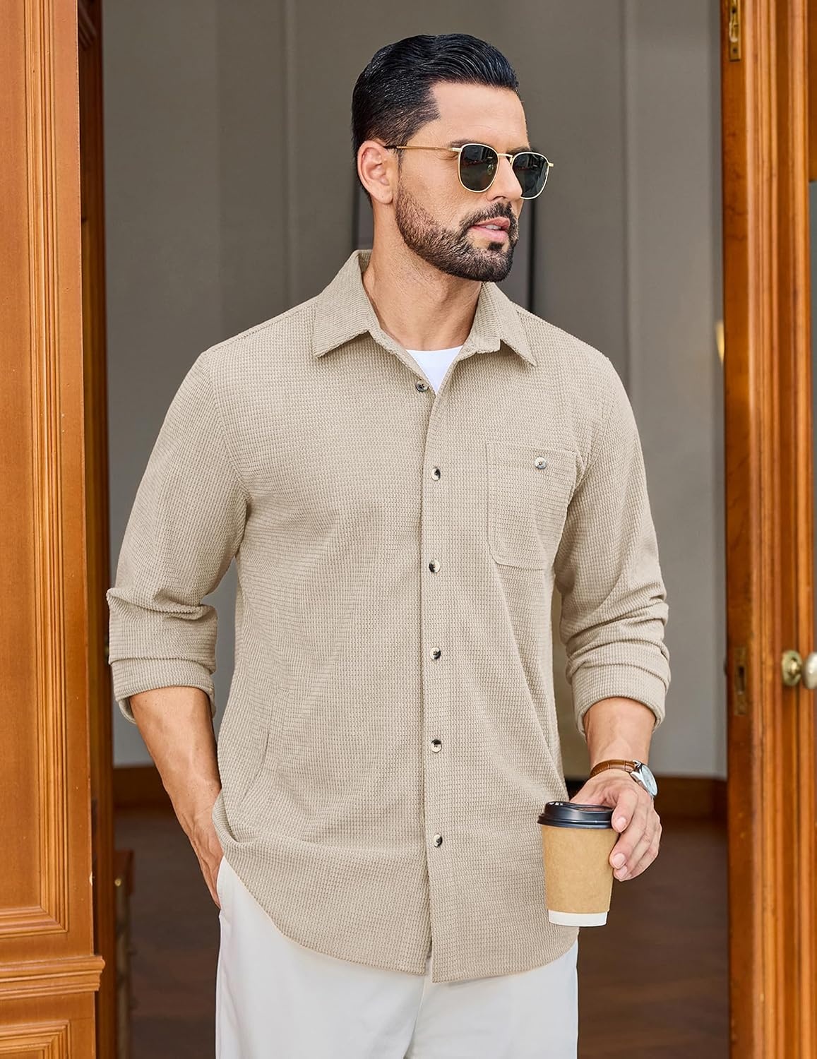 image:imageCOOFANDY Mens Waffle Button Down Shirt Casual Long Sleeve Corduroy ShirtsBeige