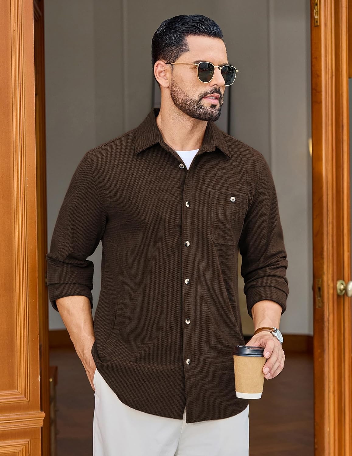 image:imageCOOFANDY Mens Waffle Button Down Shirt Casual Long Sleeve Corduroy ShirtsBrown