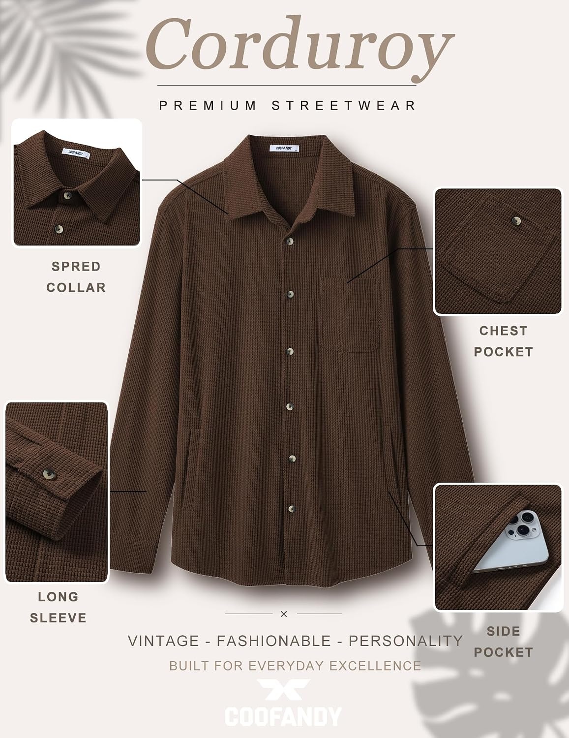 image:imageCOOFANDY Mens Waffle Button Down Shirt Casual Long Sleeve Corduroy ShirtsBrown