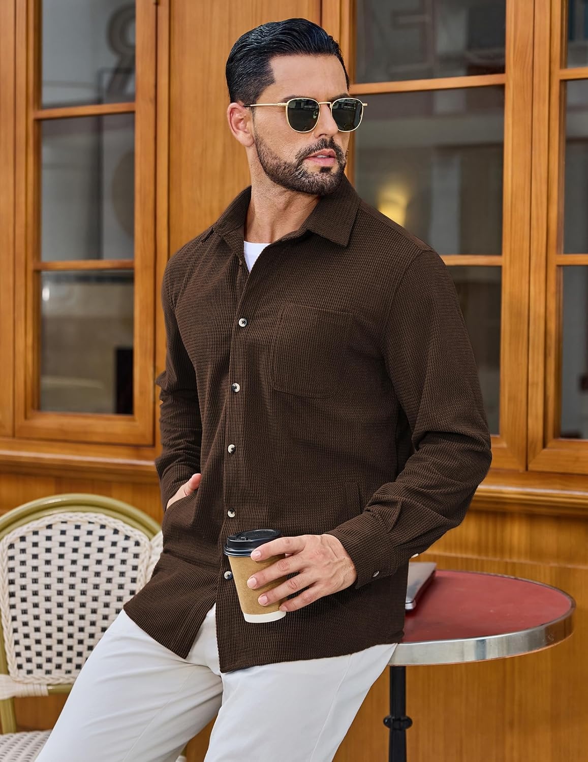 image:imageCOOFANDY Mens Waffle Button Down Shirt Casual Long Sleeve Corduroy ShirtsBrown