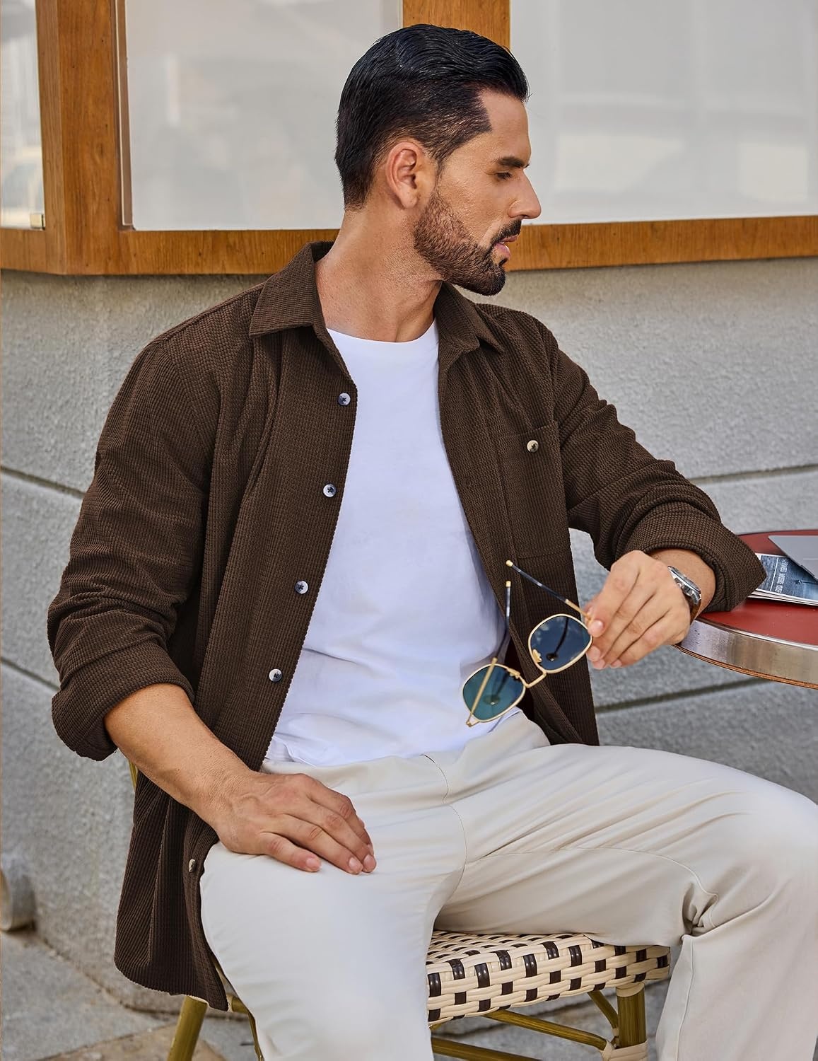 image:imageCOOFANDY Mens Waffle Button Down Shirt Casual Long Sleeve Corduroy ShirtsBrown