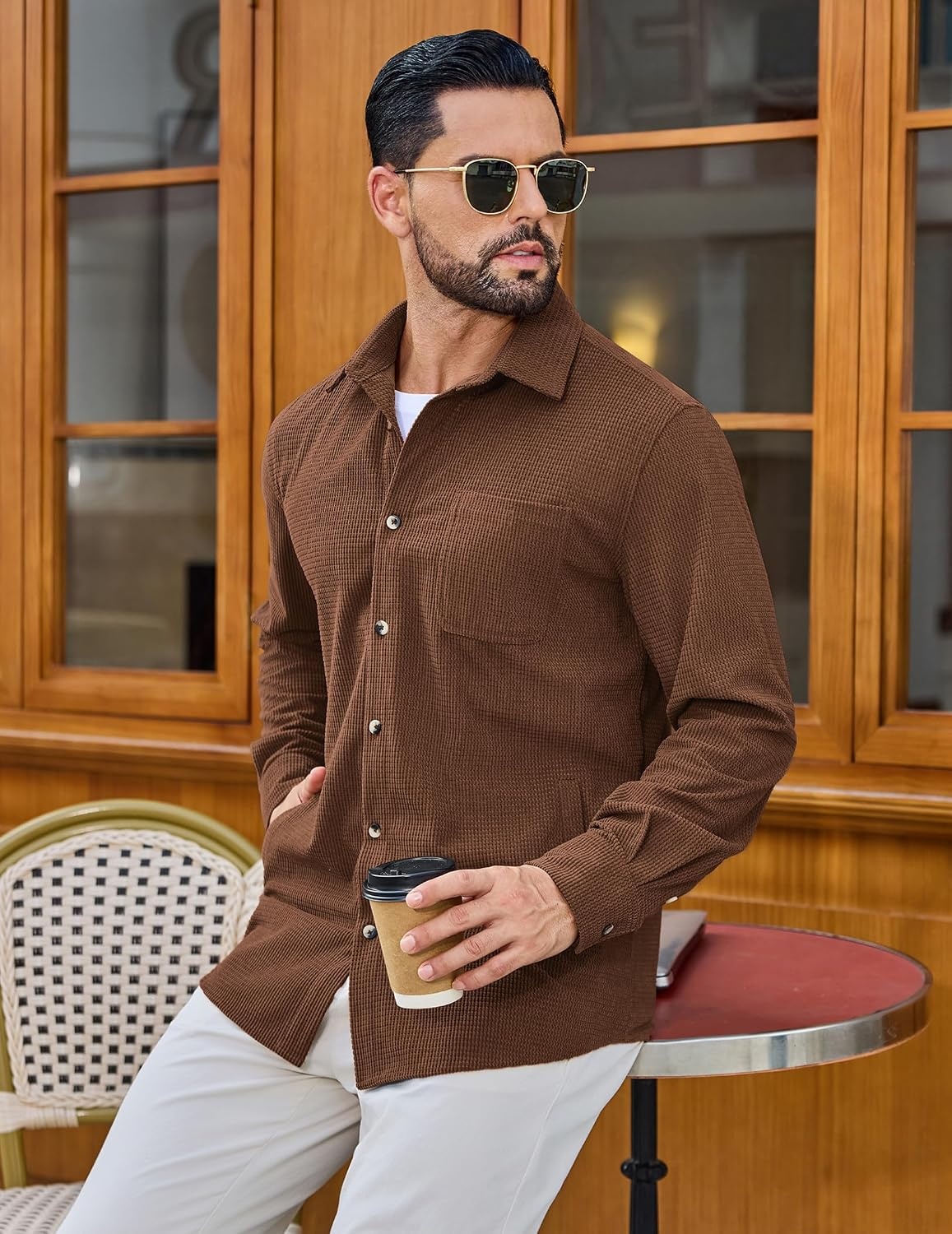 image:imageCOOFANDY Mens Waffle Button Down Shirt Casual Long Sleeve Corduroy ShirtsCaramel