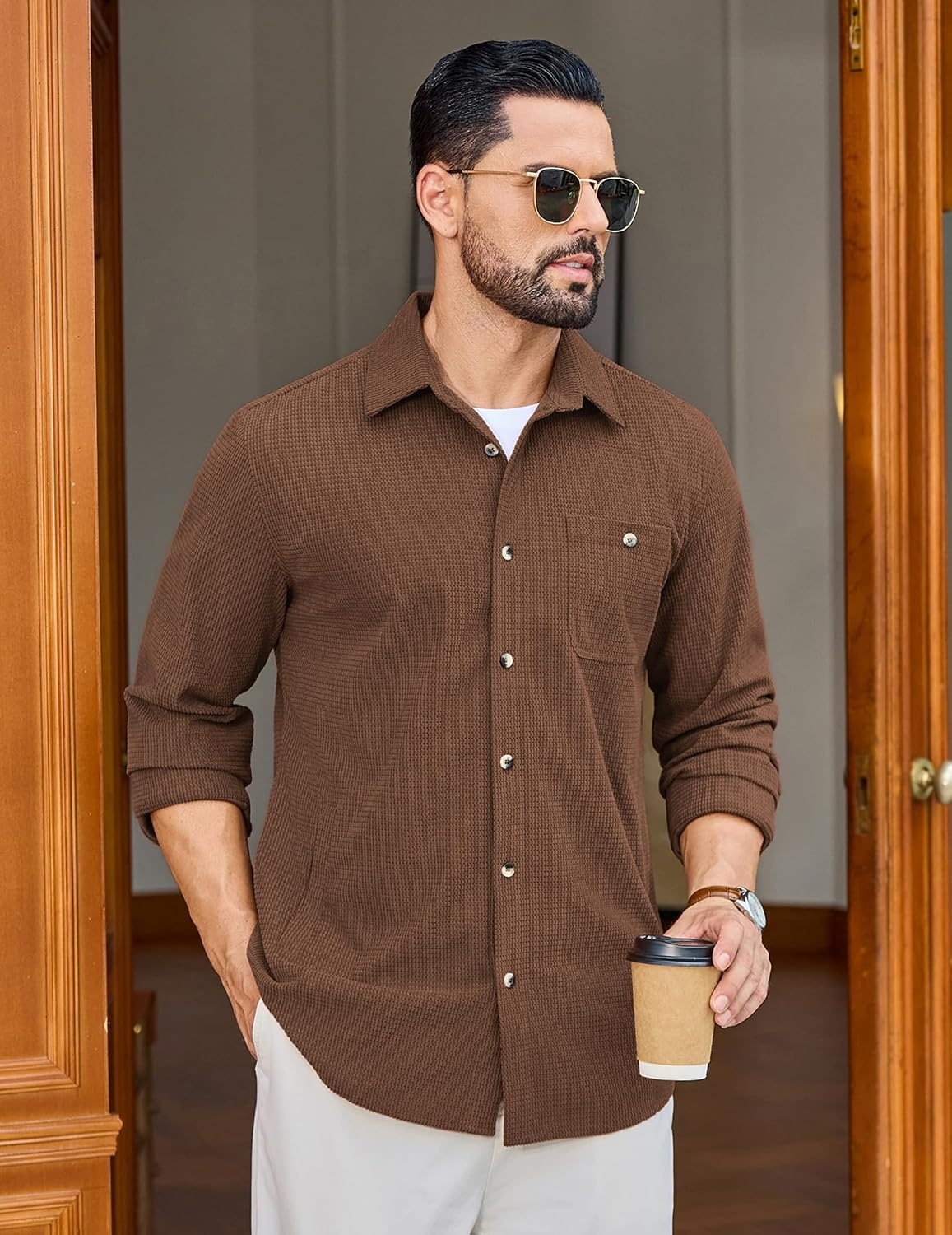 image:imageCOOFANDY Mens Waffle Button Down Shirt Casual Long Sleeve Corduroy ShirtsCaramel