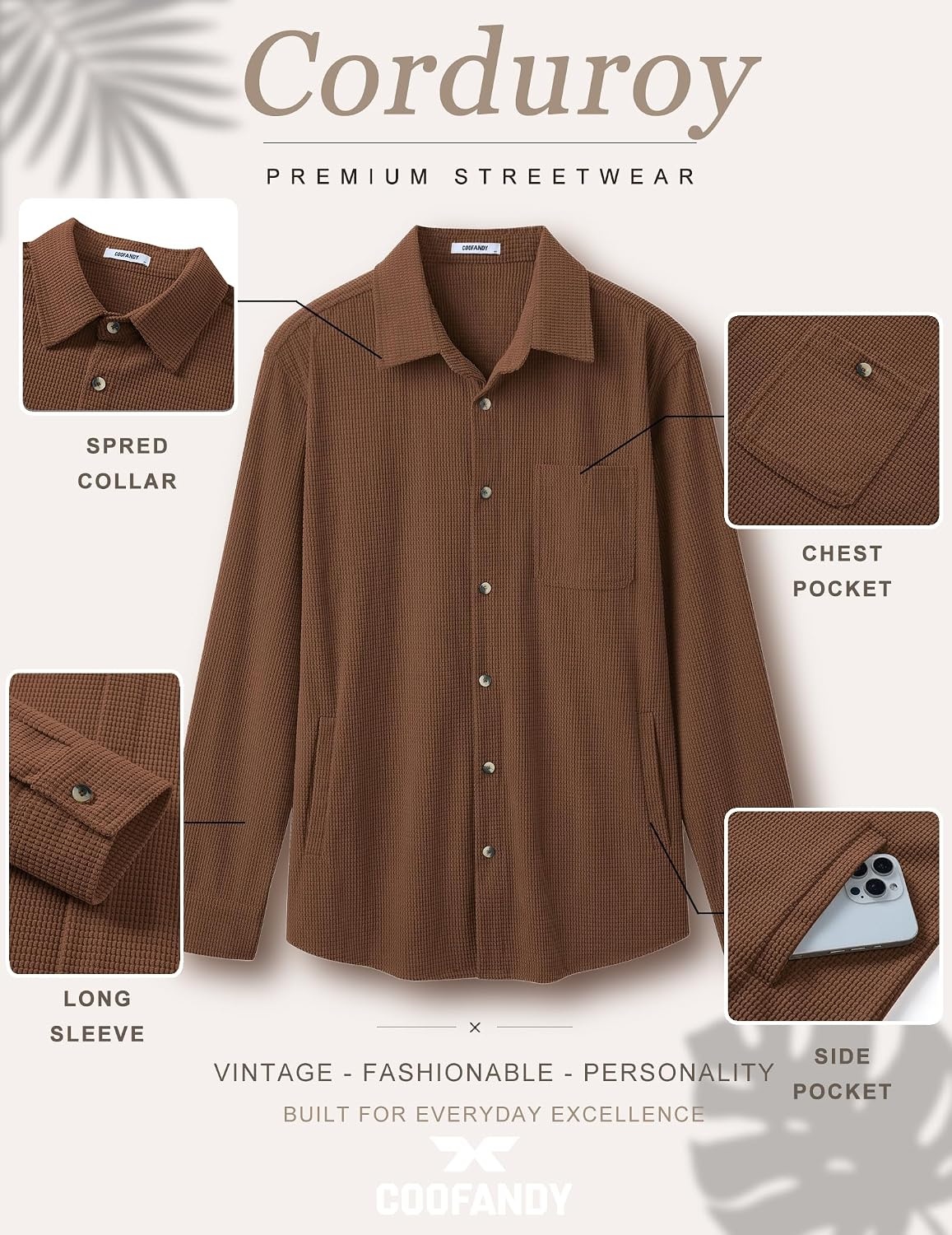 image:imageCOOFANDY Mens Waffle Button Down Shirt Casual Long Sleeve Corduroy ShirtsCaramel
