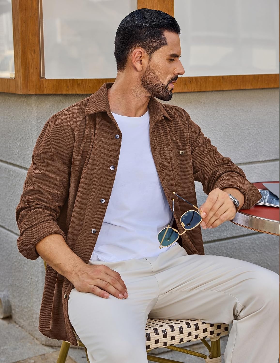 image:imageCOOFANDY Mens Waffle Button Down Shirt Casual Long Sleeve Corduroy ShirtsCaramel