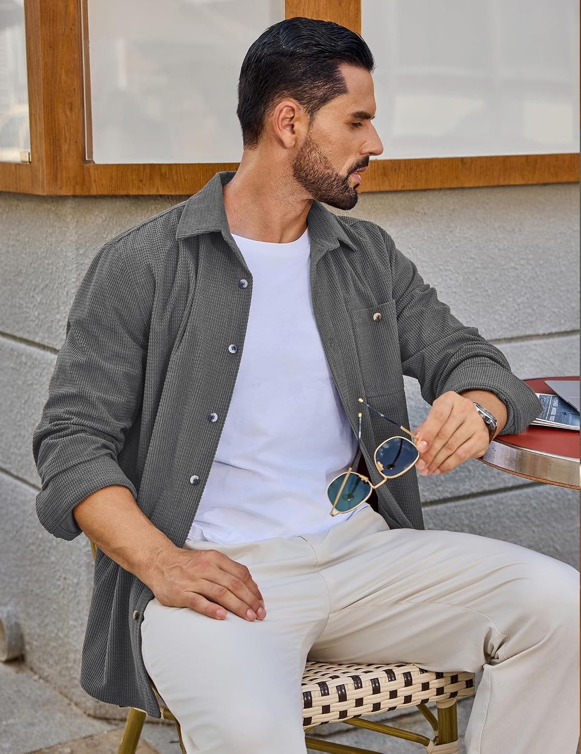 image:imageCOOFANDY Mens Waffle Button Down Shirt Casual Long Sleeve Corduroy ShirtsDark Grey