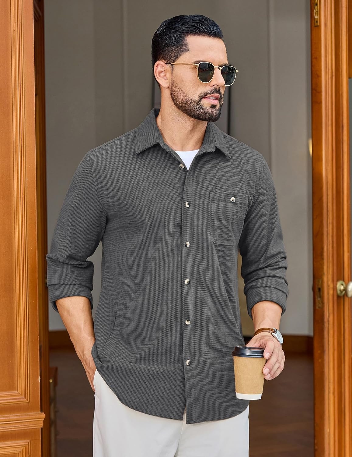 image:imageCOOFANDY Mens Waffle Button Down Shirt Casual Long Sleeve Corduroy ShirtsDark Grey