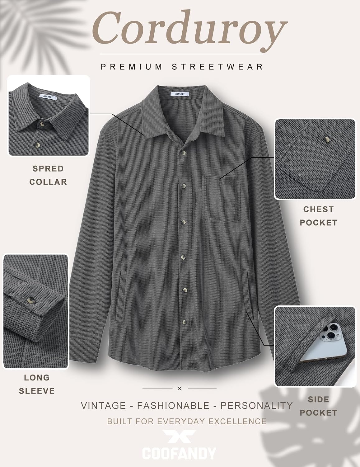 image:imageCOOFANDY Mens Waffle Button Down Shirt Casual Long Sleeve Corduroy ShirtsDark Grey