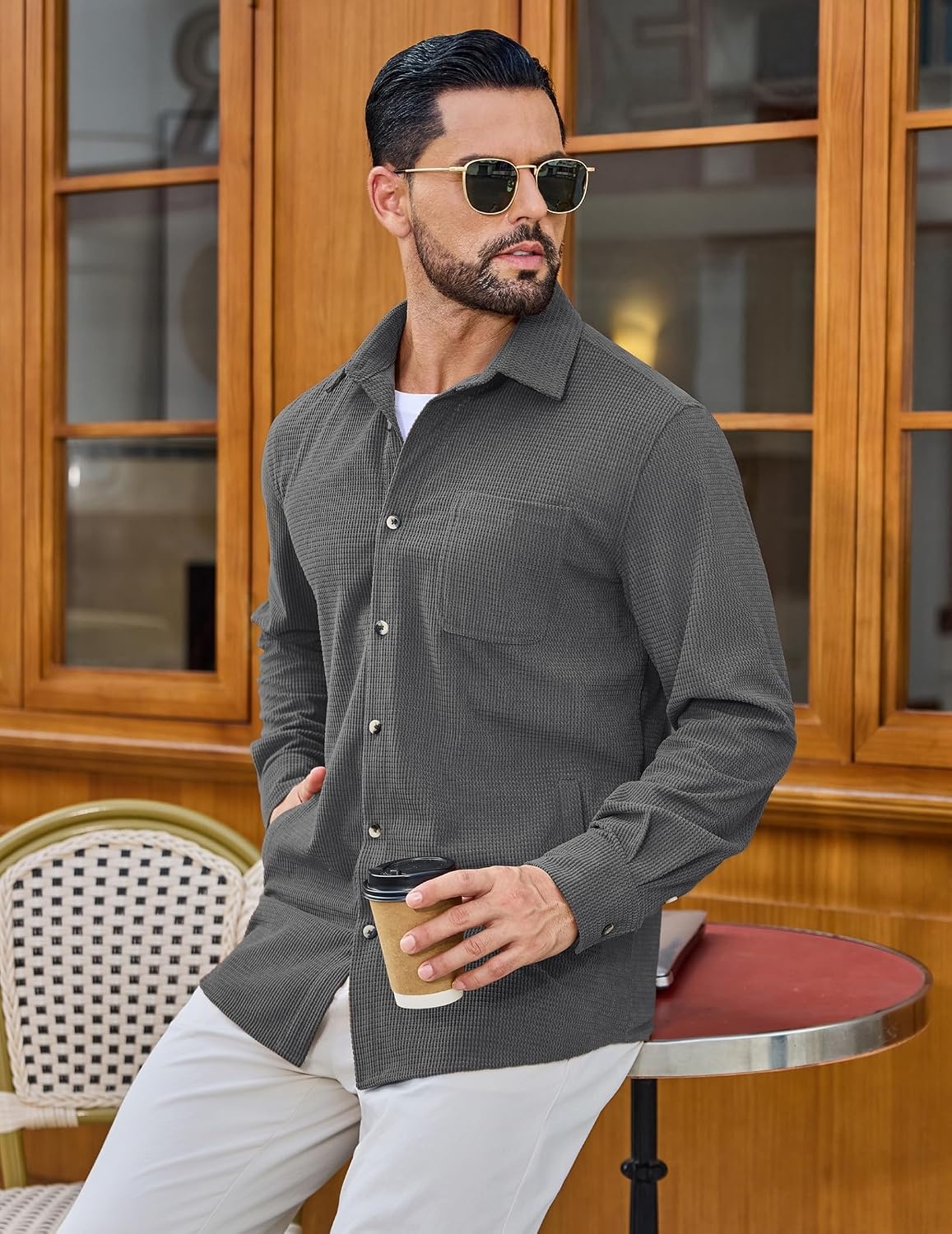 image:imageCOOFANDY Mens Waffle Button Down Shirt Casual Long Sleeve Corduroy ShirtsDark Grey
