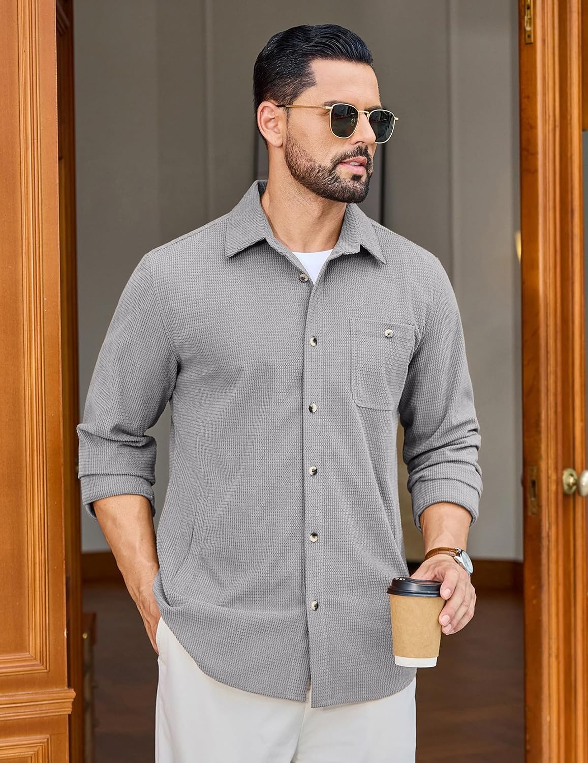 image:imageCOOFANDY Mens Waffle Button Down Shirt Casual Long Sleeve Corduroy ShirtsLight Grey