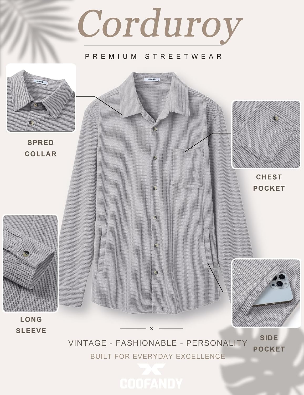 image:imageCOOFANDY Mens Waffle Button Down Shirt Casual Long Sleeve Corduroy ShirtsLight Grey