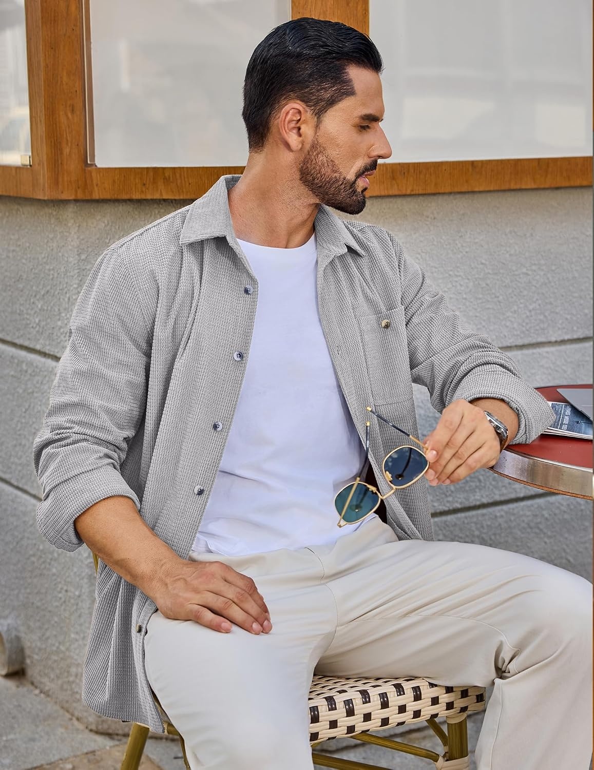 image:imageCOOFANDY Mens Waffle Button Down Shirt Casual Long Sleeve Corduroy ShirtsLight Grey