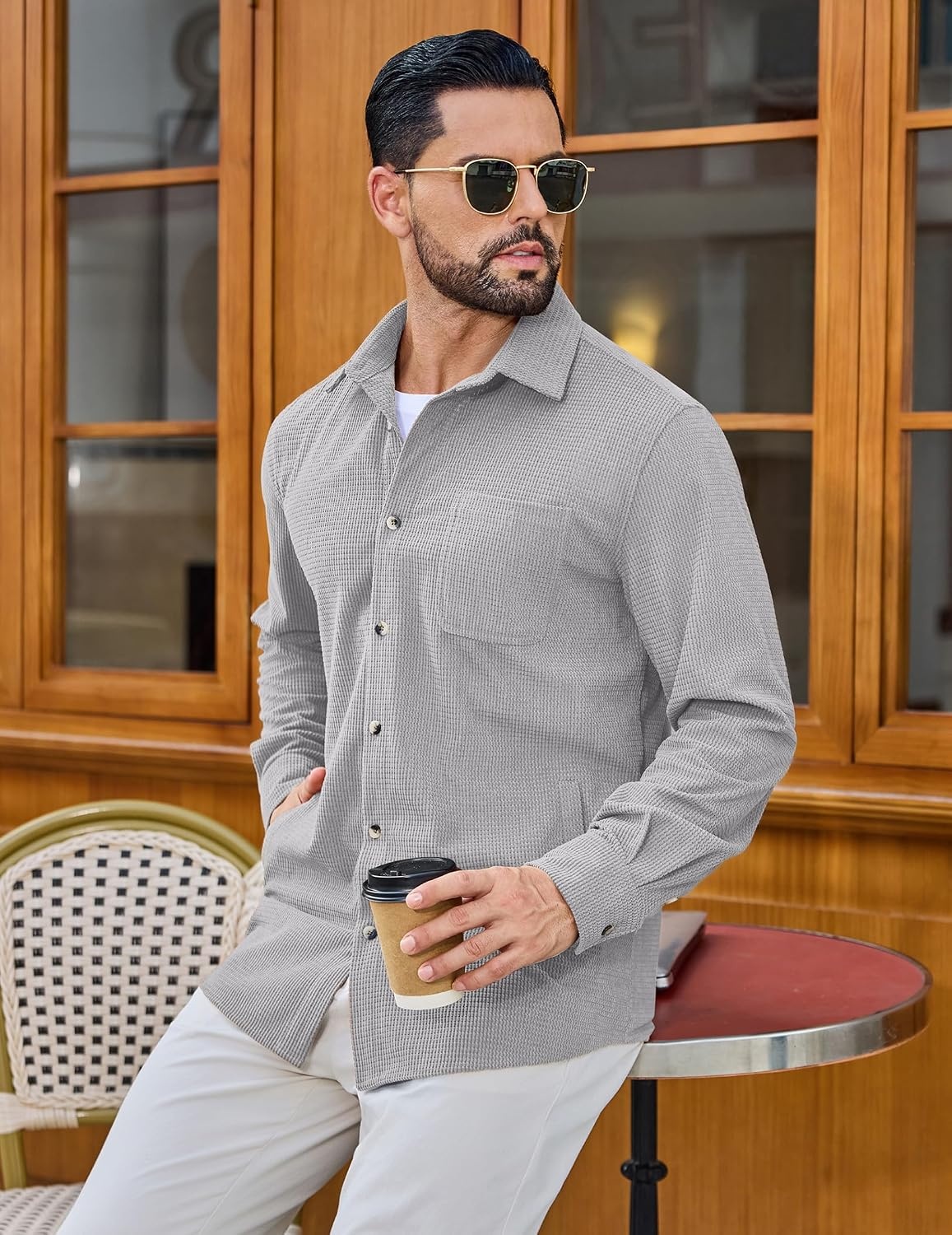 image:imageCOOFANDY Mens Waffle Button Down Shirt Casual Long Sleeve Corduroy ShirtsLight Grey