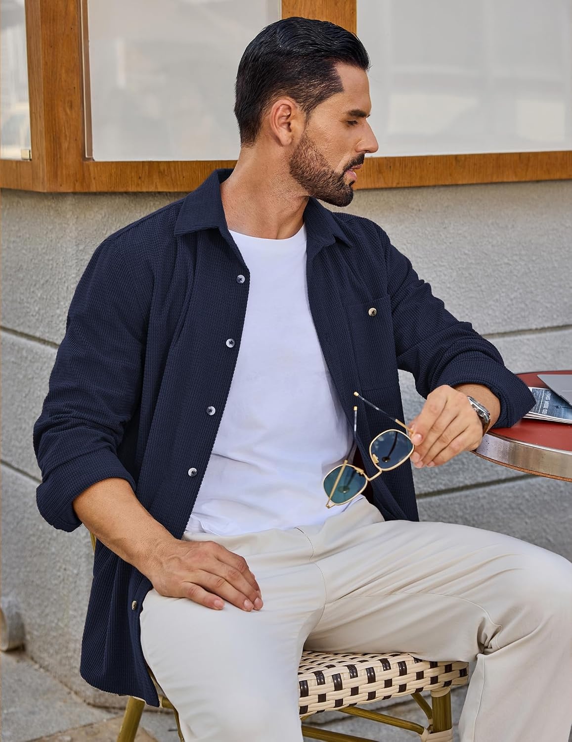 image:imageCOOFANDY Mens Waffle Button Down Shirt Casual Long Sleeve Corduroy ShirtsNavy Blue