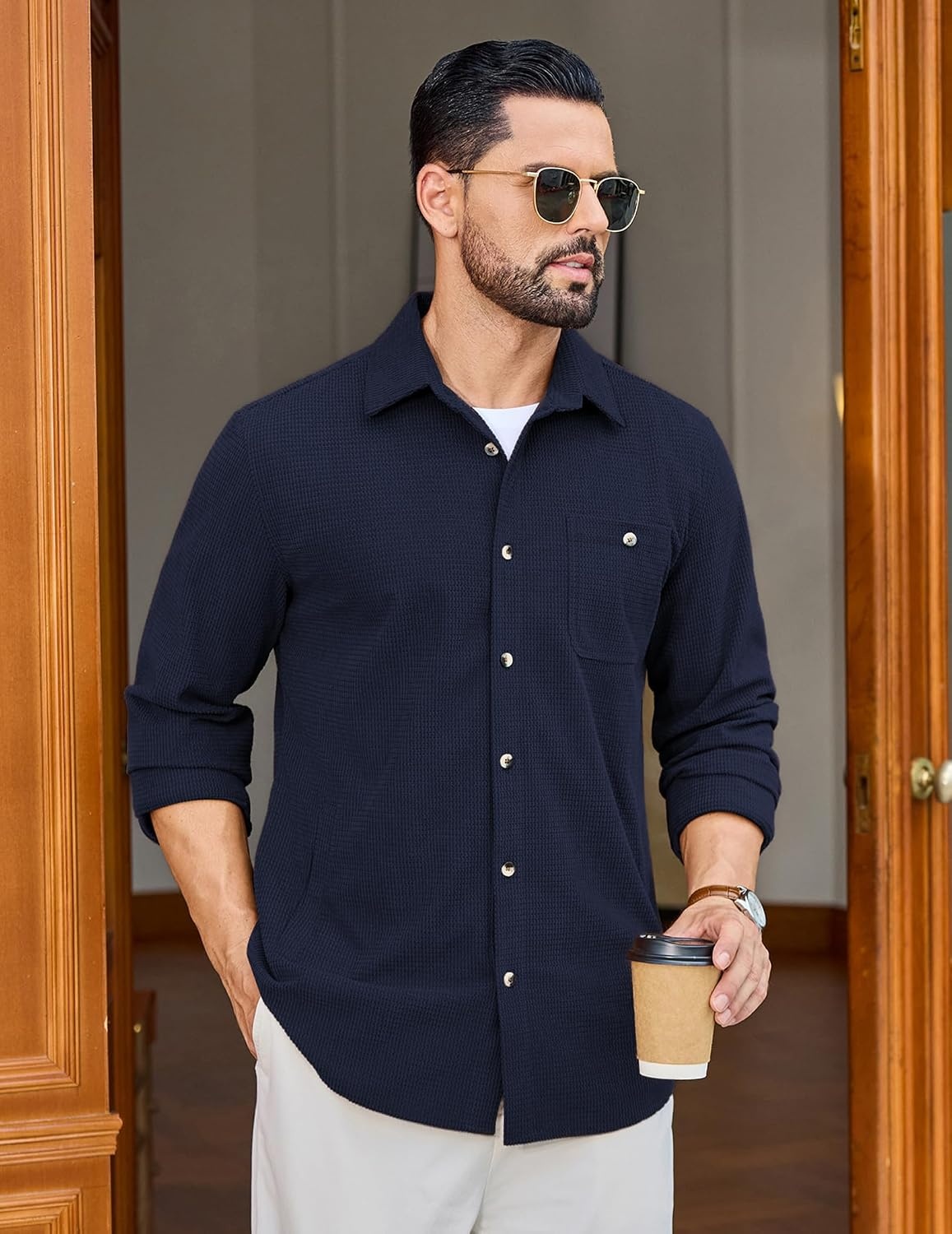 image:imageCOOFANDY Mens Waffle Button Down Shirt Casual Long Sleeve Corduroy ShirtsNavy Blue