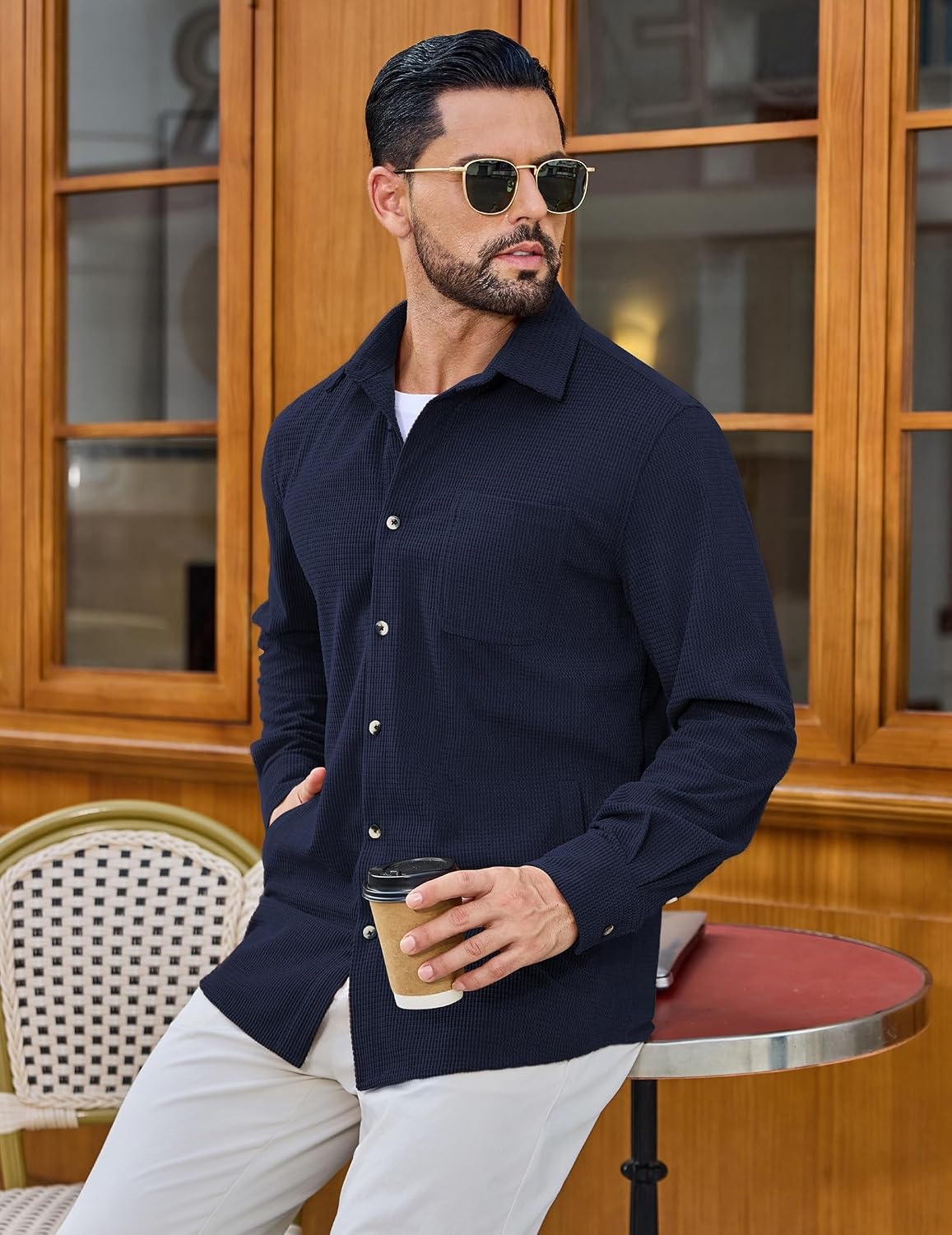 image:imageCOOFANDY Mens Waffle Button Down Shirt Casual Long Sleeve Corduroy ShirtsNavy Blue