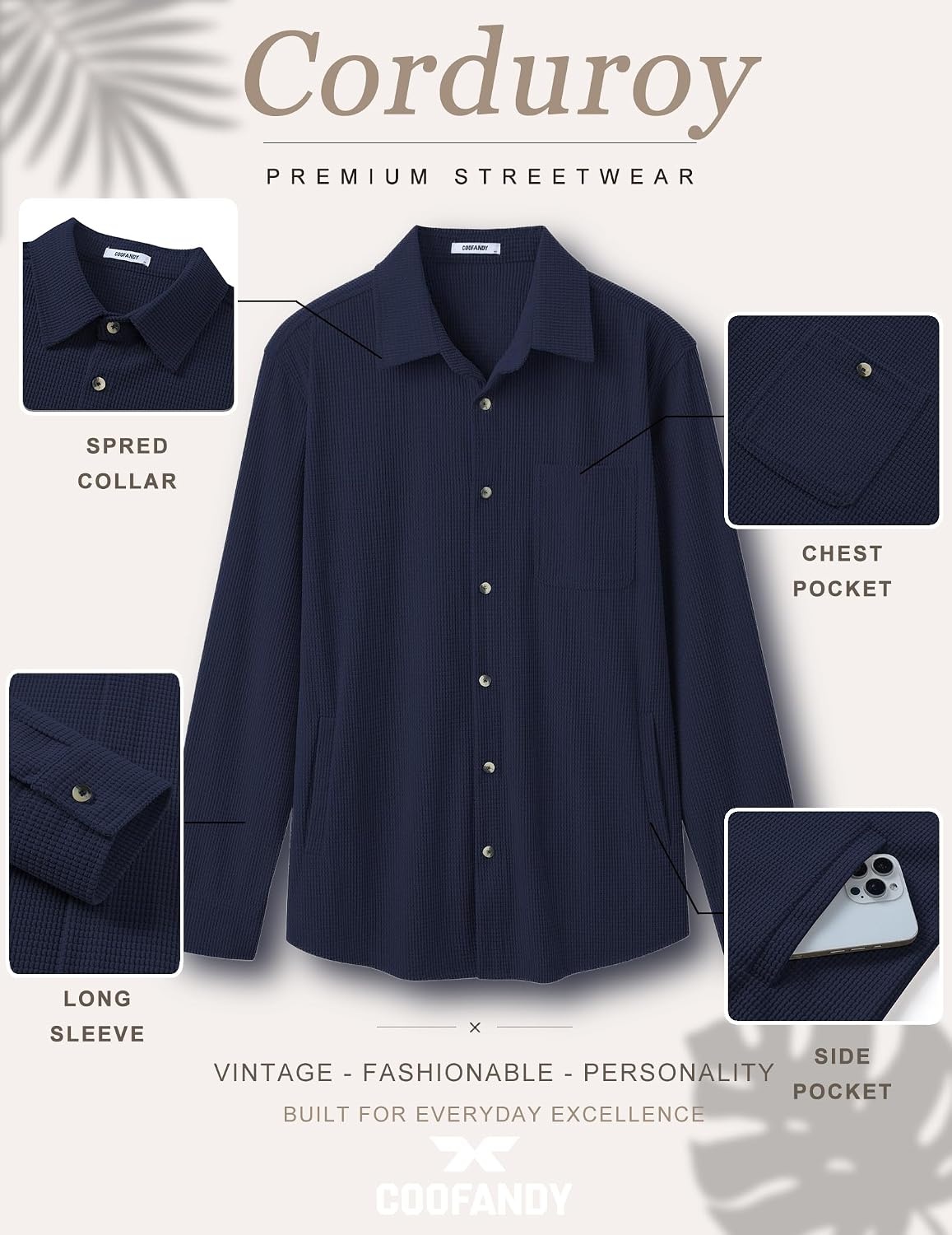 image:imageCOOFANDY Mens Waffle Button Down Shirt Casual Long Sleeve Corduroy ShirtsNavy Blue