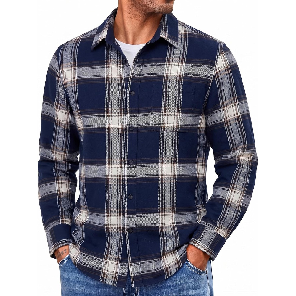image:imageCOOFANDY Mens Lightweight Flannel Shirt Long Sleeve Plaid Shirt with PocketNavy Blue  Khaki