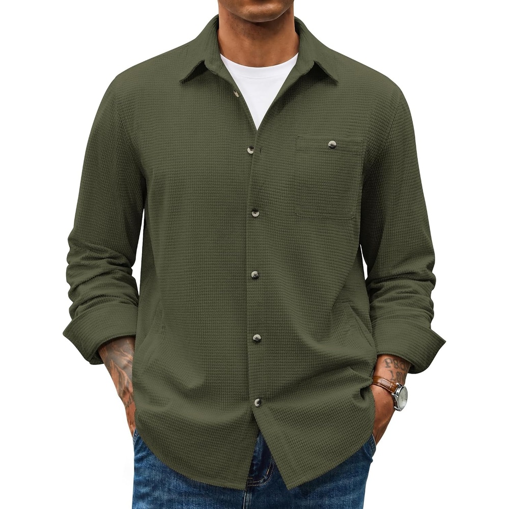 image:imageCOOFANDY Mens Waffle Button Down Shirt Casual Long Sleeve Corduroy ShirtsArmy Green