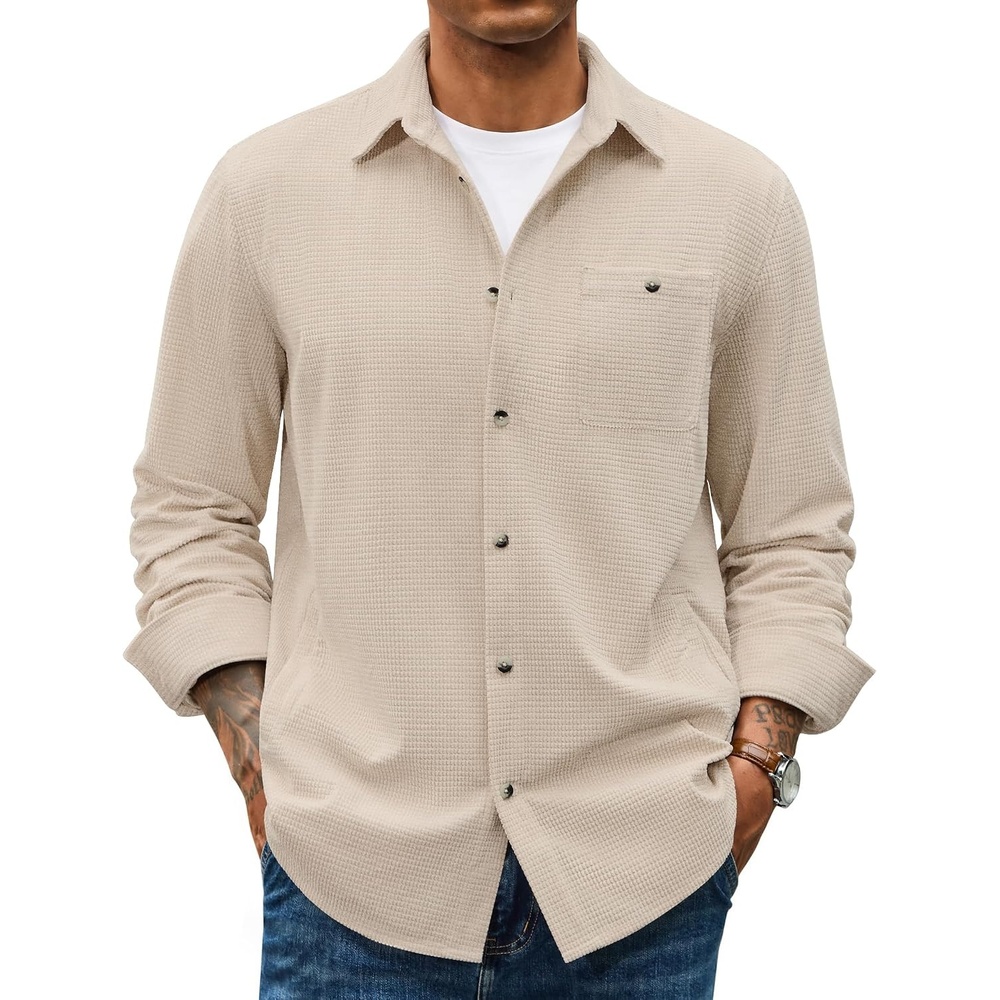 image:imageCOOFANDY Mens Waffle Button Down Shirt Casual Long Sleeve Corduroy ShirtsBeige