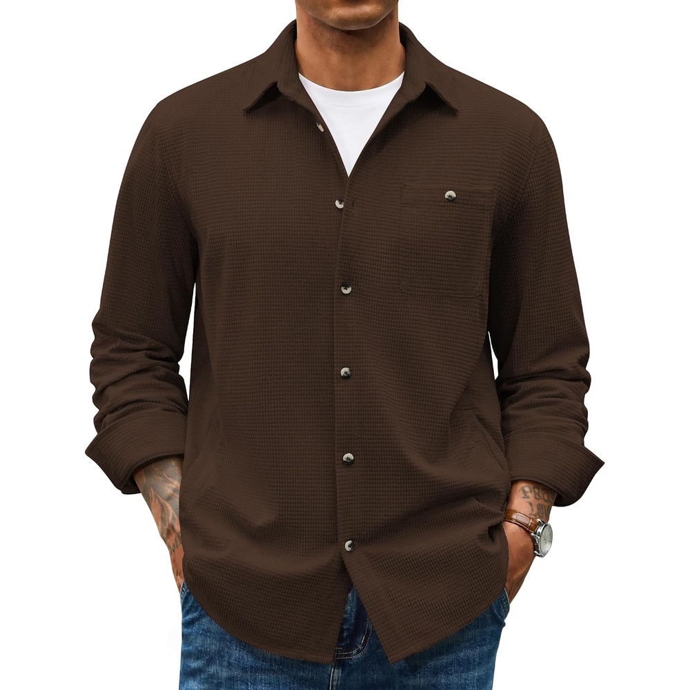 image:imageCOOFANDY Mens Waffle Button Down Shirt Casual Long Sleeve Corduroy ShirtsBrown