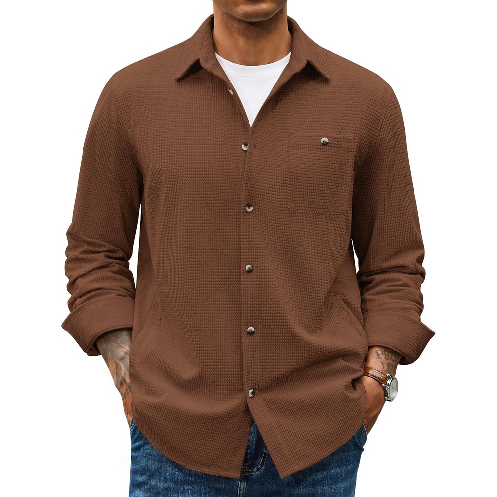image:imageCOOFANDY Mens Waffle Button Down Shirt Casual Long Sleeve Corduroy ShirtsCaramel