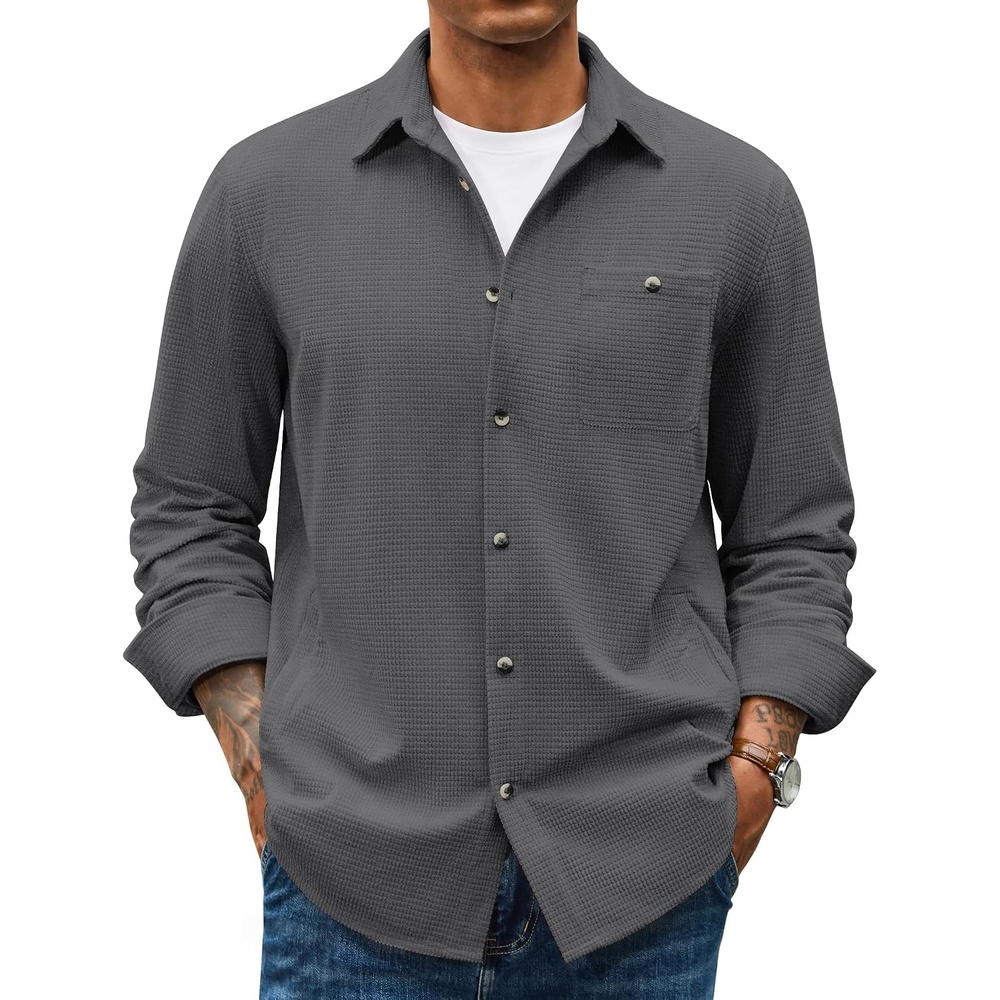 image:imageCOOFANDY Mens Waffle Button Down Shirt Casual Long Sleeve Corduroy ShirtsDark Grey