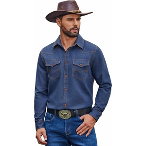 COOFANDY Men Western Cowboy Shirt Casual Button Down Work Shirt with Pocket(Deep Blue)