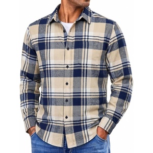 COOFANDY Mens Lightweight Flannel Shirt Long Sleeve Plaid Shirt with Pocket(Khaki &Blue)
