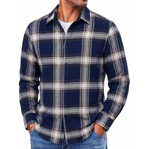 COOFANDY Mens Lightweight Flannel Shirt Long Sleeve Plaid Shirt with Pocket(Navy Blue & Khaki)