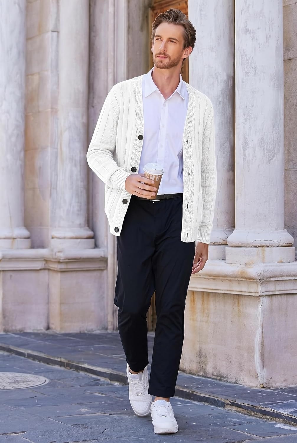 image:imageCOOFANDY Mens Cardigan Sweater Cable Knit V Neck Button up Sweaters Ribbed Cardigan Sweater with PocketsWhite
