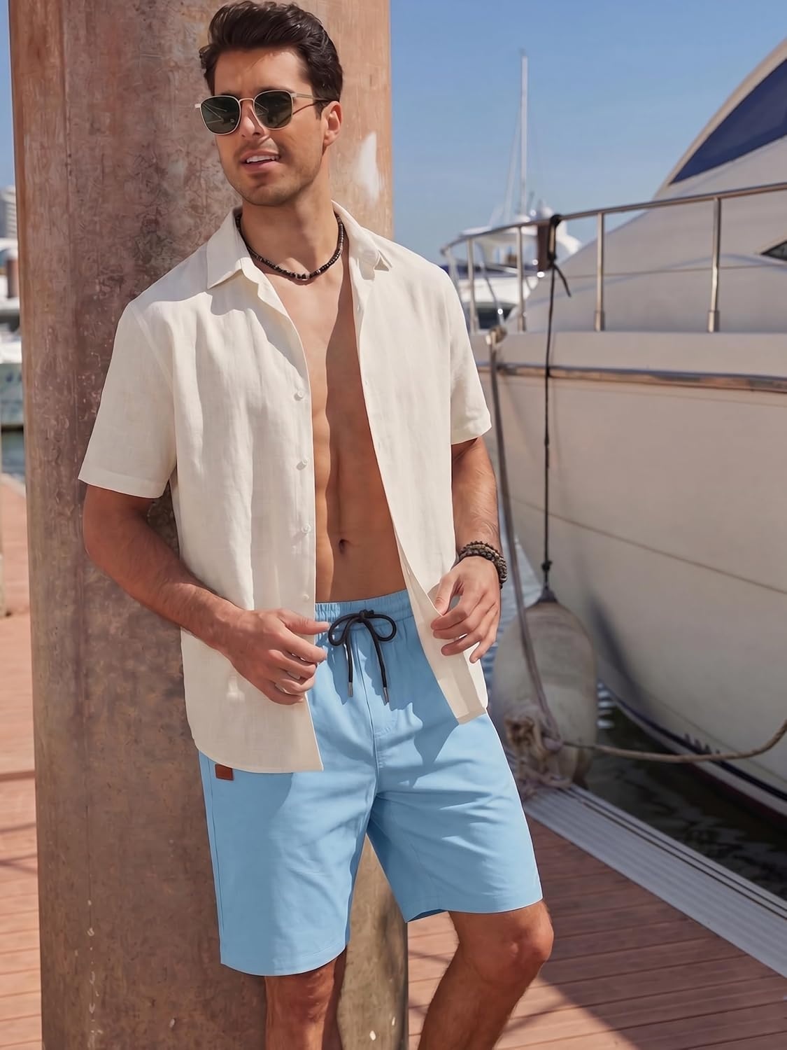 image:imageCOOFANDY Mens Casual Cotton 9 Shorts Drawstring Summer Beach Chino ShortsBaby Blue