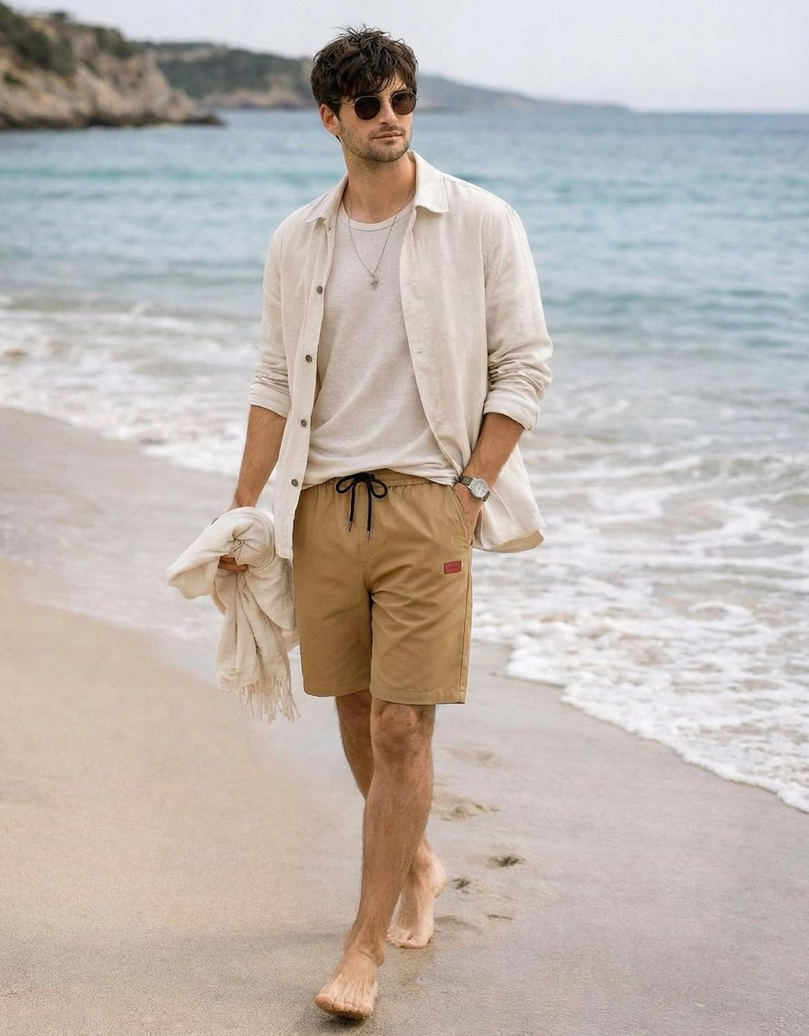 image:imageCOOFANDY Mens Casual Cotton 9 Shorts Drawstring Summer Beach Chino ShortsDark Khaki