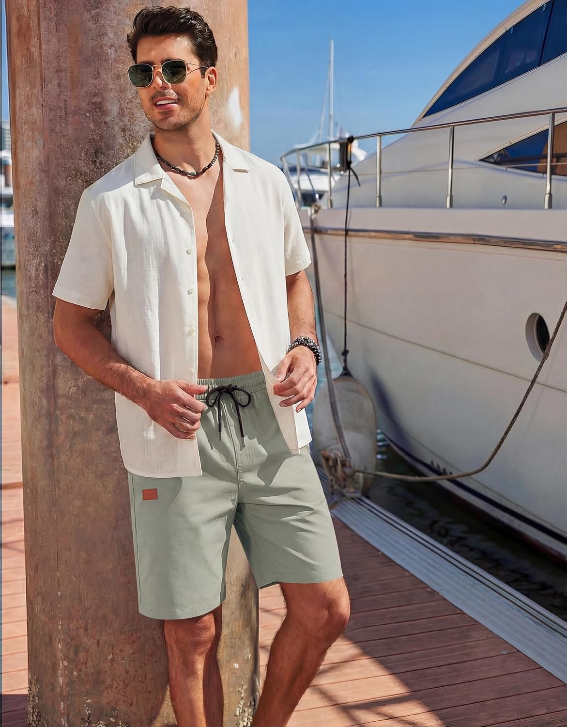 image:imageCOOFANDY Mens Casual Cotton 9 Shorts Drawstring Summer Beach Chino ShortsLight Green