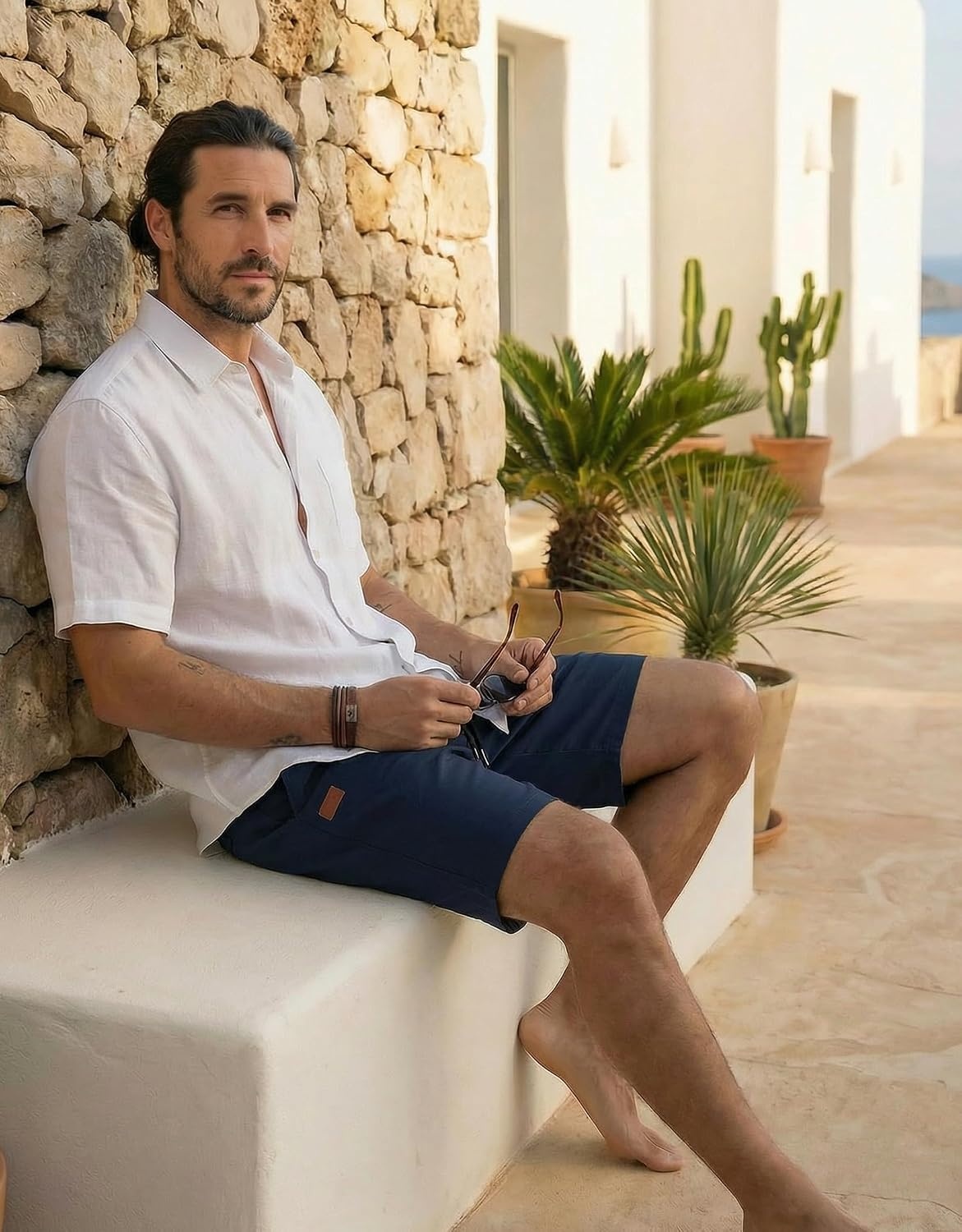 image:imageCOOFANDY Mens Casual Cotton 9 Shorts Drawstring Summer Beach Chino ShortsNavy Blue