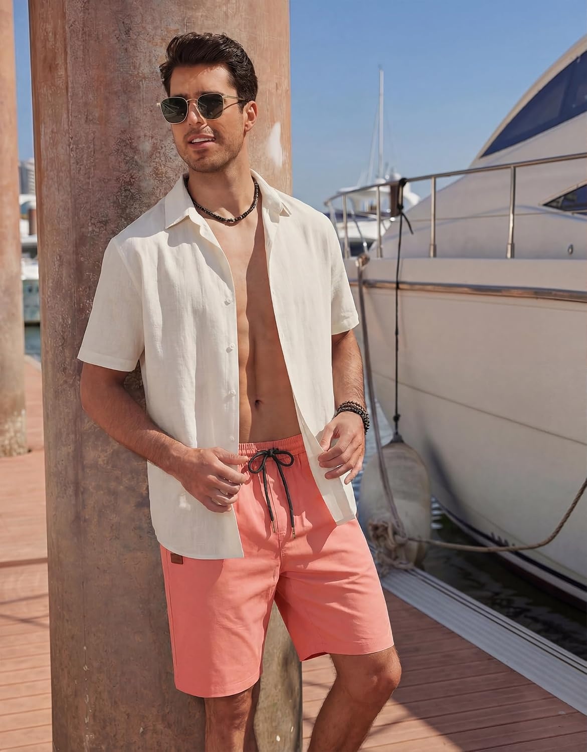 image:imageCOOFANDY Mens Casual Cotton 9 Shorts Drawstring Summer Beach Chino ShortsPink