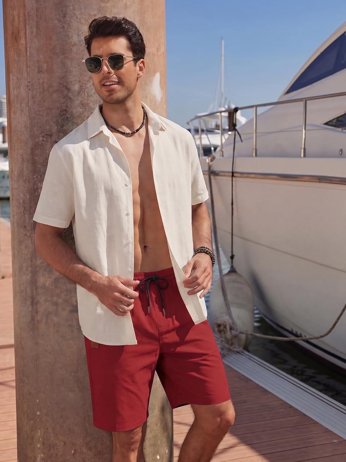 image:imageCOOFANDY Mens Casual Cotton 9 Shorts Drawstring Summer Beach Chino ShortsRed