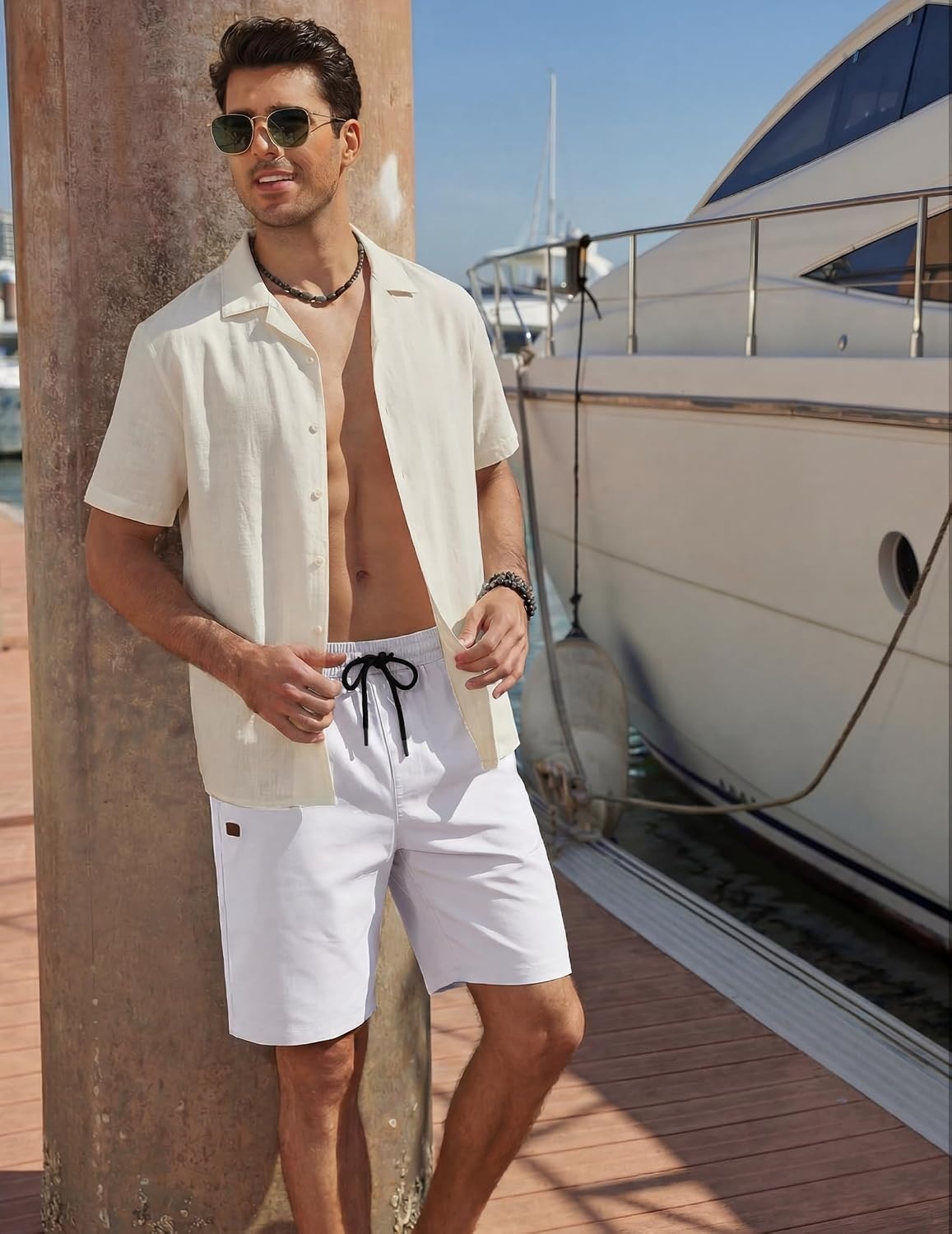 image:imageCOOFANDY Mens Casual Cotton 9 Shorts Drawstring Summer Beach Chino ShortsWhite