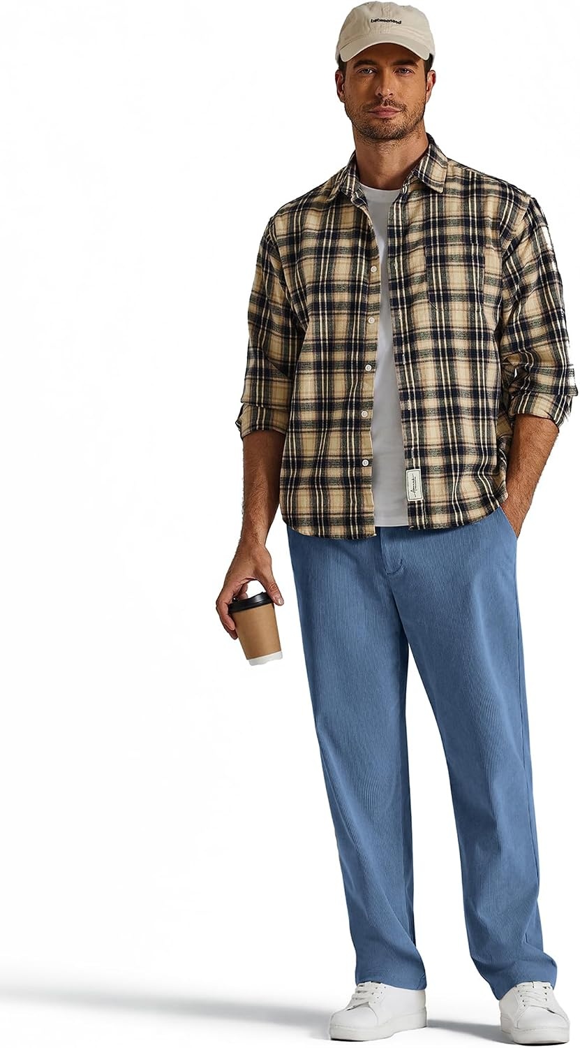 image:imageCOOFANDY Mens Corduroy Pant Straight Fit Flat Front Casual Dress SlacksBlue