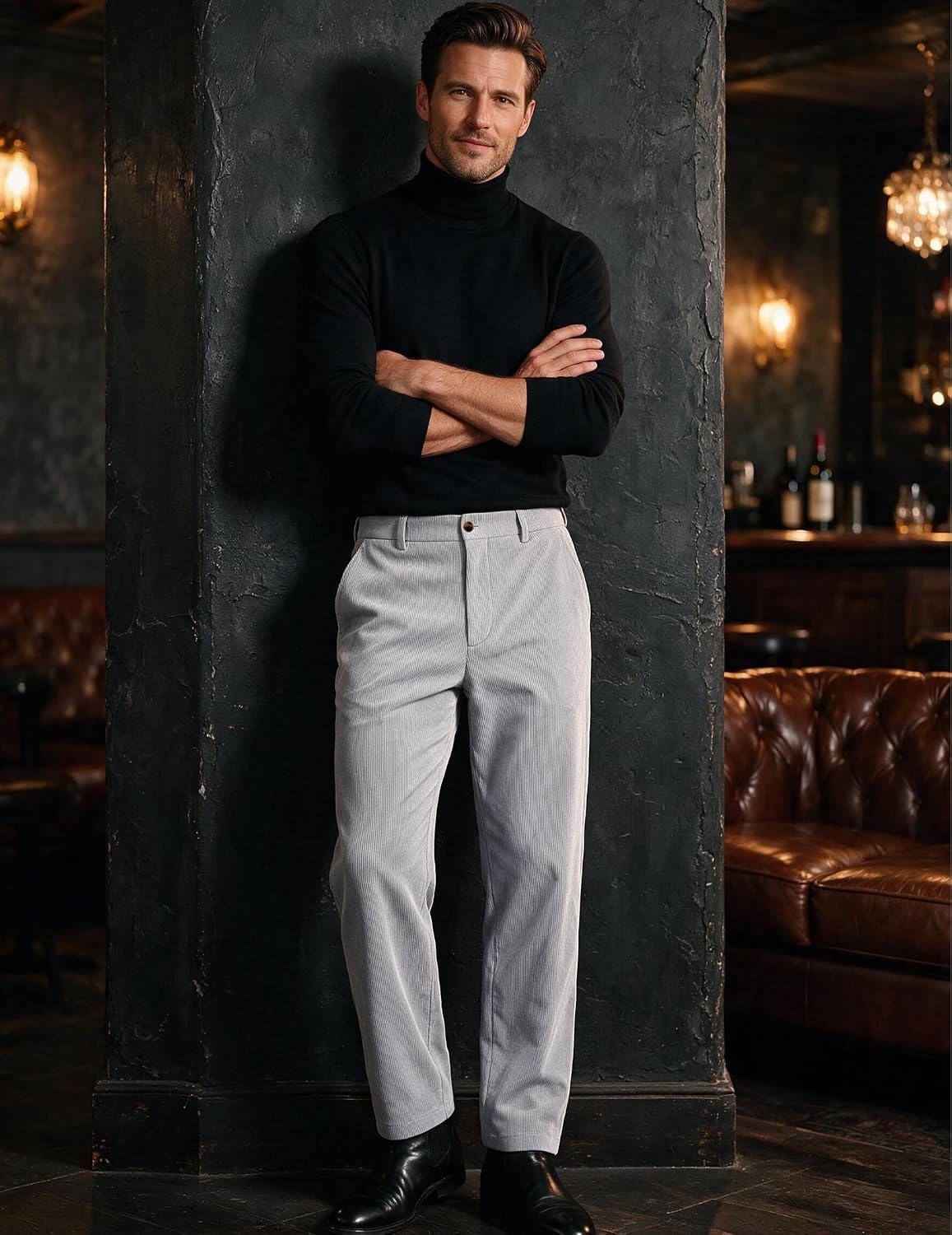 image:imageCOOFANDY Mens Corduroy Pant Straight Fit Flat Front Casual Dress SlacksLight Gray
