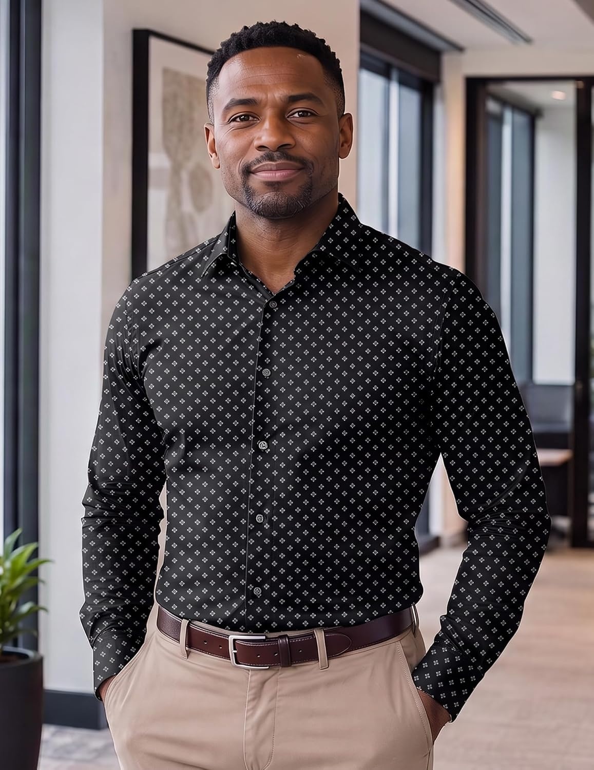 image:imageCOOFANDY Mens Dress Shirts Long Sleeve Button Down Shirts Regular Fit Business Casual ShirtsBlack White Geometric Square