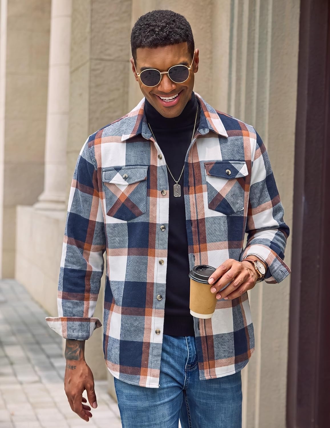 image:imageCOOFANDY Mens Flannel Shirt Jacket Long Sleeve Plaid Shacket with PocketsBlackkhaki