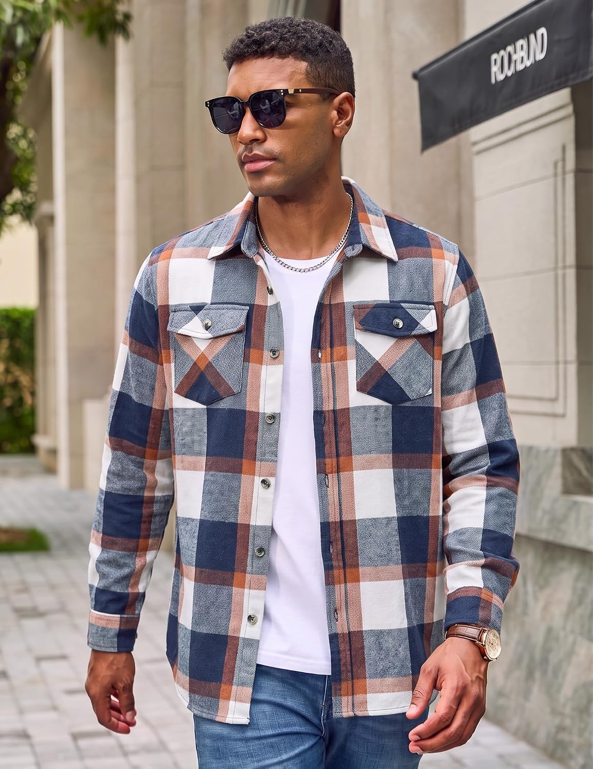 image:imageCOOFANDY Mens Flannel Shirt Jacket Long Sleeve Plaid Shacket with PocketsBlackkhaki