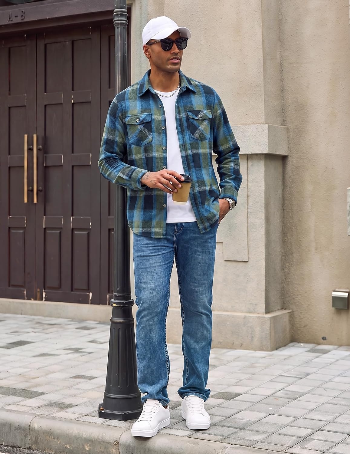 image:imageCOOFANDY Mens Flannel Shirt Jacket Long Sleeve Plaid Shacket with PocketsBlue