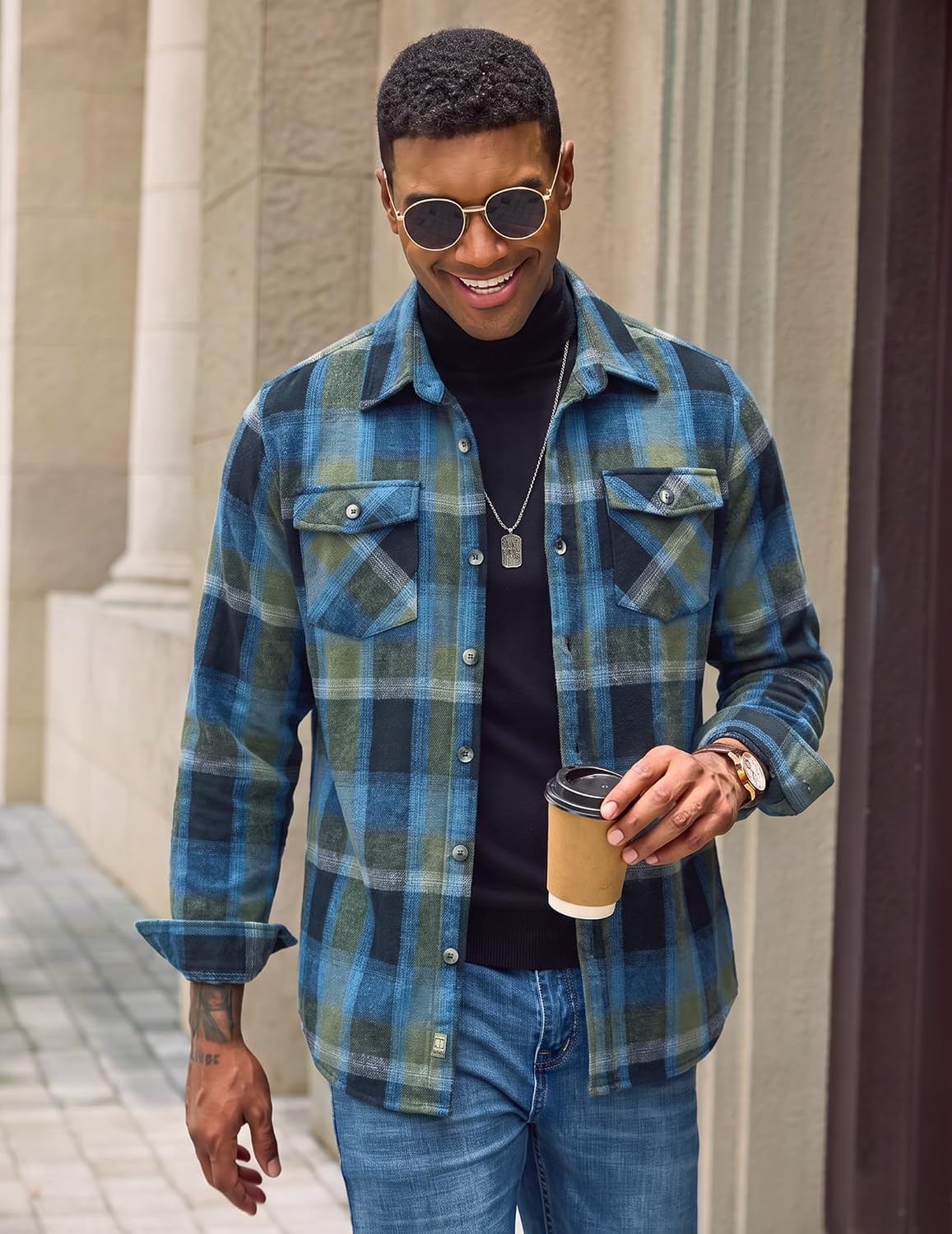 image:imageCOOFANDY Mens Flannel Shirt Jacket Long Sleeve Plaid Shacket with PocketsBlue