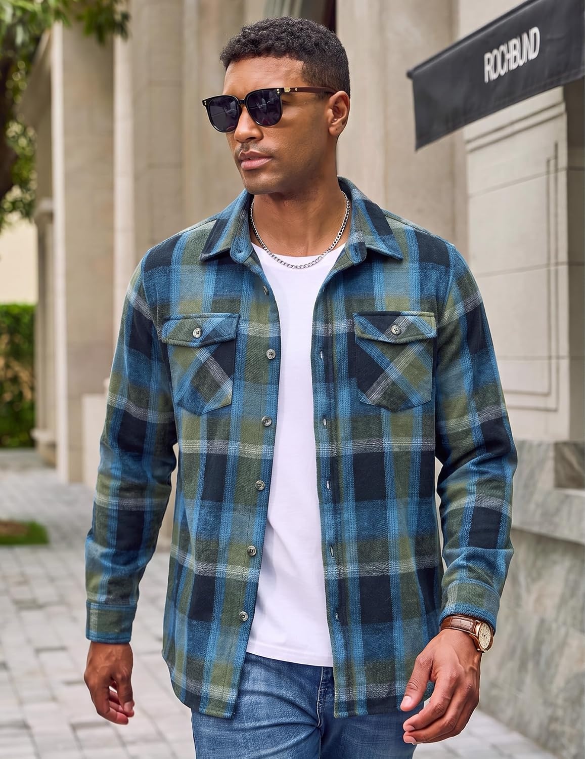 image:imageCOOFANDY Mens Flannel Shirt Jacket Long Sleeve Plaid Shacket with PocketsBlue