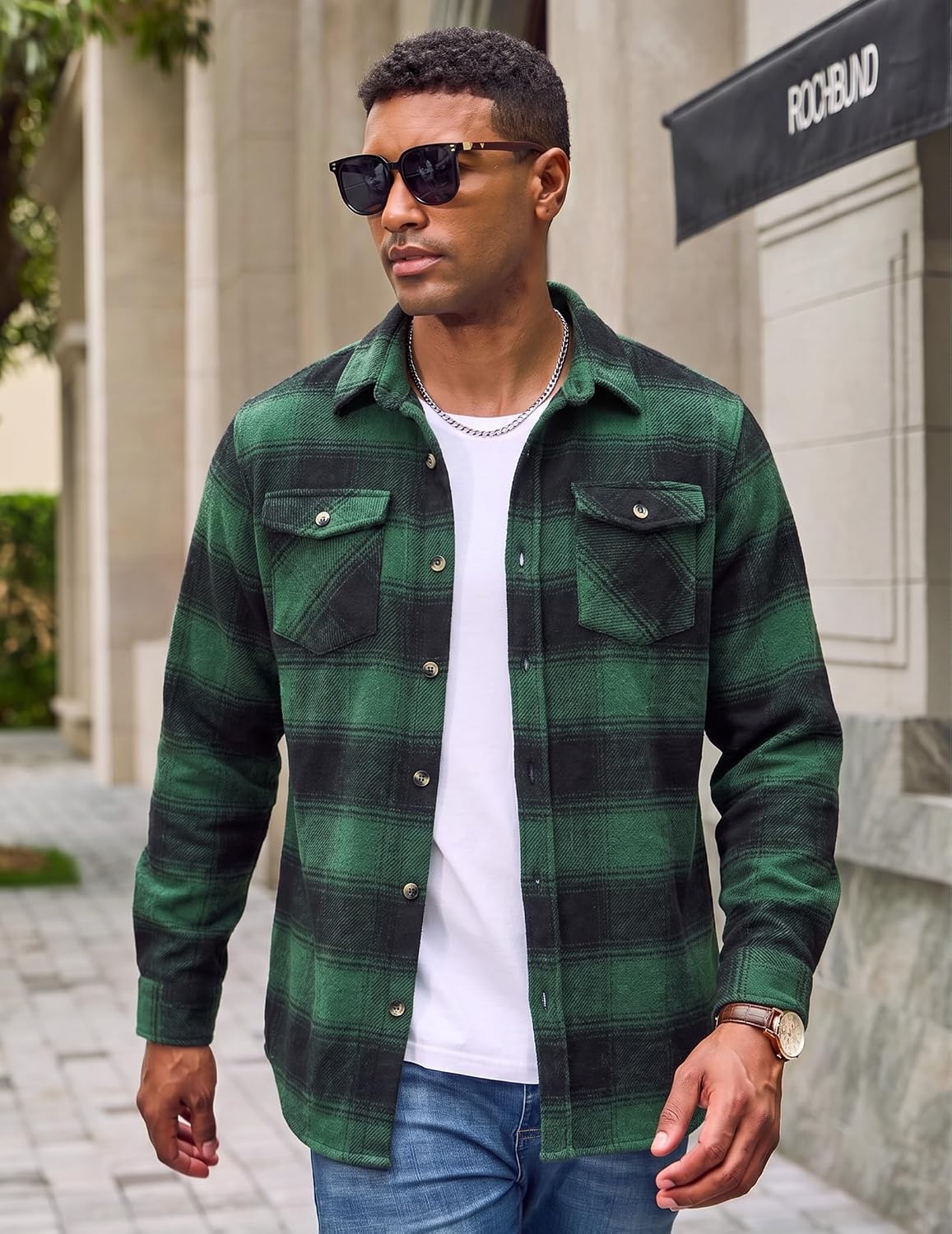 image:imageCOOFANDY Mens Flannel Shirt Jacket Long Sleeve Plaid Shacket with PocketsDark Green