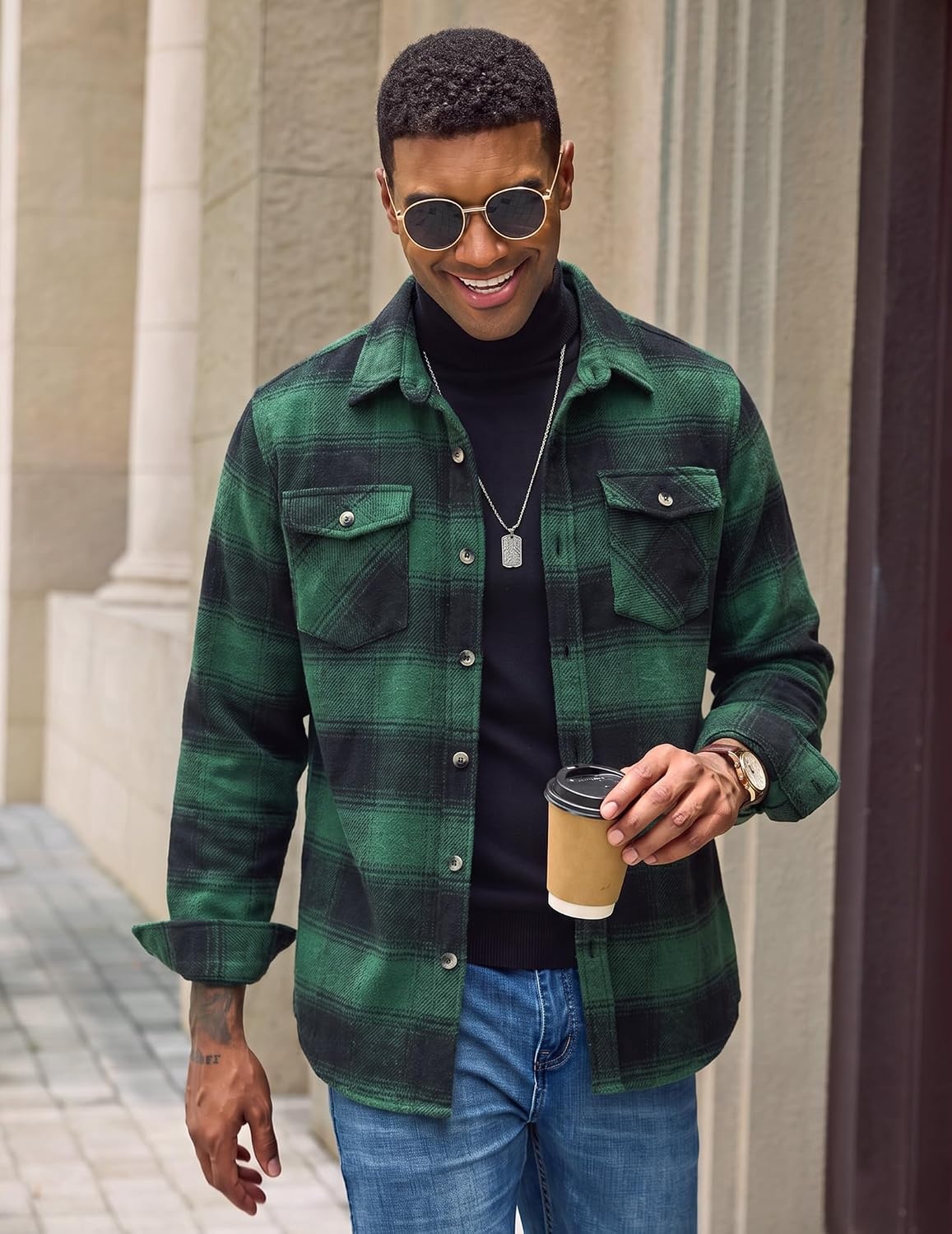 image:imageCOOFANDY Mens Flannel Shirt Jacket Long Sleeve Plaid Shacket with PocketsDark Green